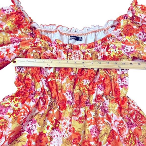 boohoo Romper Womens Size 10 Orange Yellow Ruffled Romantic Ruched Floral Whimsy - Picture 5 of 8